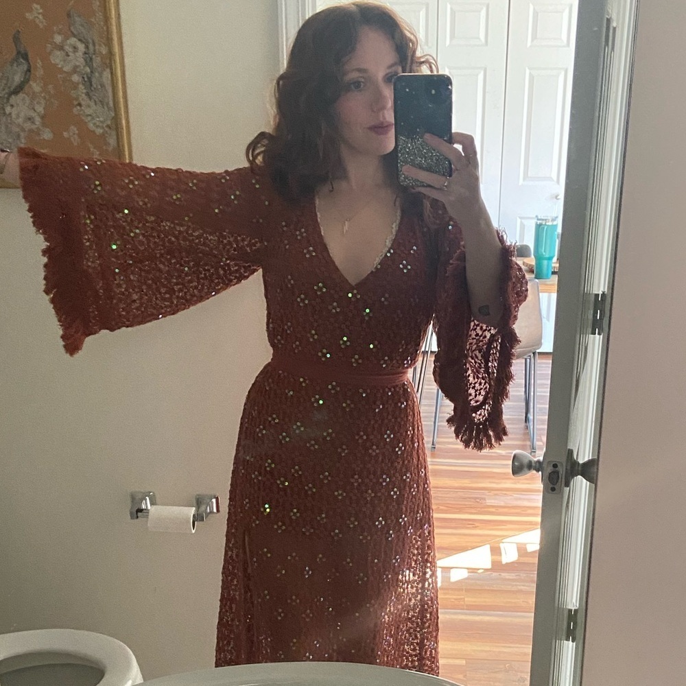 Burnt Orange Sequined Crochet Dress size XS/S by Sundress - Picture 12 of 13